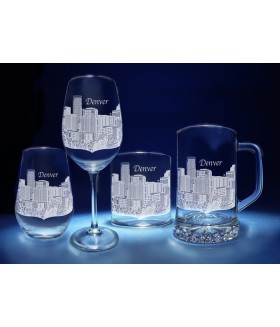 Denver, Colorado Skyline on Barware  -  Stemless Wine, Red Wine, DOF, Beer Mug