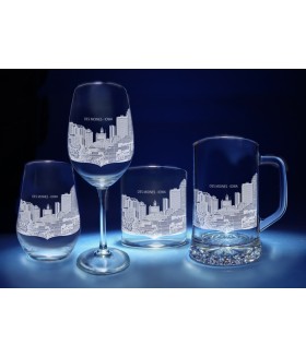 Des Moines, Iowa Skyline on Barware  -  Stemless Wine, Red Wine, DOF, Beer Mug