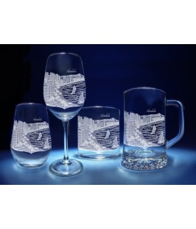 Honolulu, Hawaii Skyline on Barware  -  Stemless Wine, Red Wine, DOF, Beer Mug