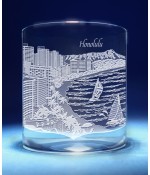 Honolulu, Hawaii Skyline on Barware  -  Stemless Wine, Red Wine, DOF, Beer Mug