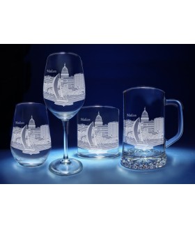 Madison, Wisconsin Skyline on Barware  -  Stemless Wine, Red Wine, DOF, Beer Mug