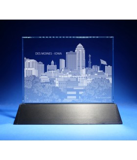 Des Moines, Iowa Skyline on Rectangle Award w/ Luminary Base  -  Sub-Surface Laser Engraved on Horizontal 1/2"