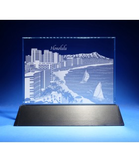 Honolulu, Hawaii Skyline on Rectangle Award w/ Luminary Base  -  Sub-Surface Laser Engraved on Horizontal 1/2"