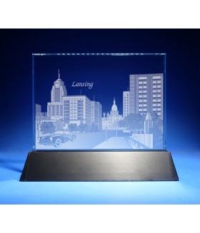 Lansing, Michigan Skyline on Rectangle Award w/ Luminary Base  -  Sub-Surface Laser Engraved on Horizontal 1/2"