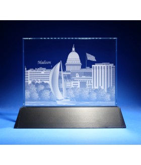Madison, Wisconsin Skyline on Rectangle Award w/ Luminary Base  -  Sub-Surface Laser Engraved on Horizontal 1/2"