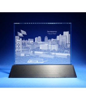 Sacramento, California Skyline on Rectangle Award w/ Luminary Base  -  Sub-Surface Laser Engraved on Horizontal 1/2"