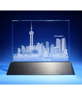 Shanghai Skyline on Rectangle Award w/ Luminary Base  -  Sub-Surface Laser Engraved on Horizontal 1/2"