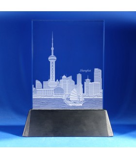 Shanghai Skyline on Rectangle Award w/ Luminary Base  -  Hand-Engraved on Vertical 1/2"